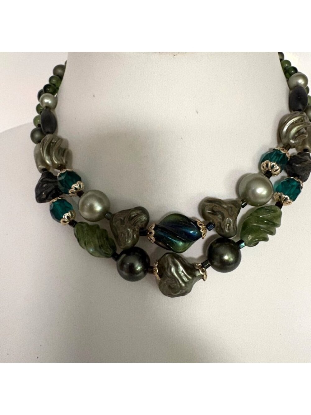 Two Strand Green Beaded Necklace Silver Tone Details Hook Closure Japan